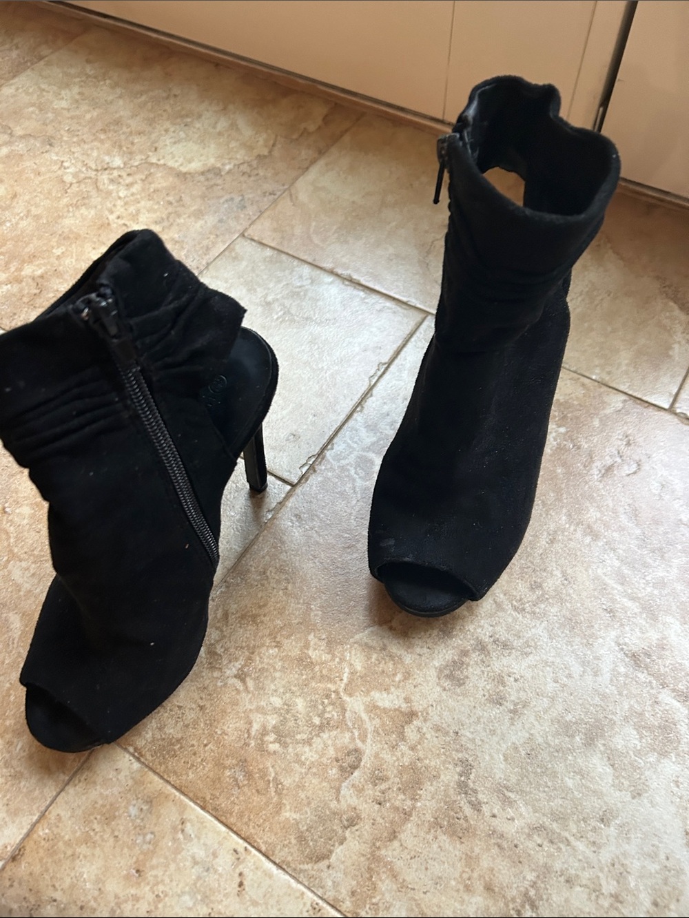 Wild Diva Black Peep-Toe Suede Ankle Heeled Boots